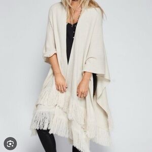 Free People Solstice Cream Fringe Kimono Poncho